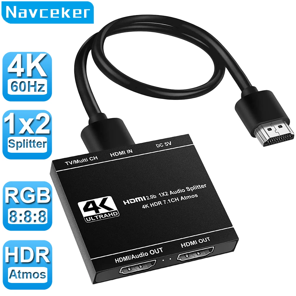 Navceker 4K Hdmi Splitter 1X2 Hdmi 2.0 Splitter 1 In 2 Out Hdmi Audio Extractor Hdr Hdmi2.0 Splitter Per Ps4 Apple Tv Xbox Ps5