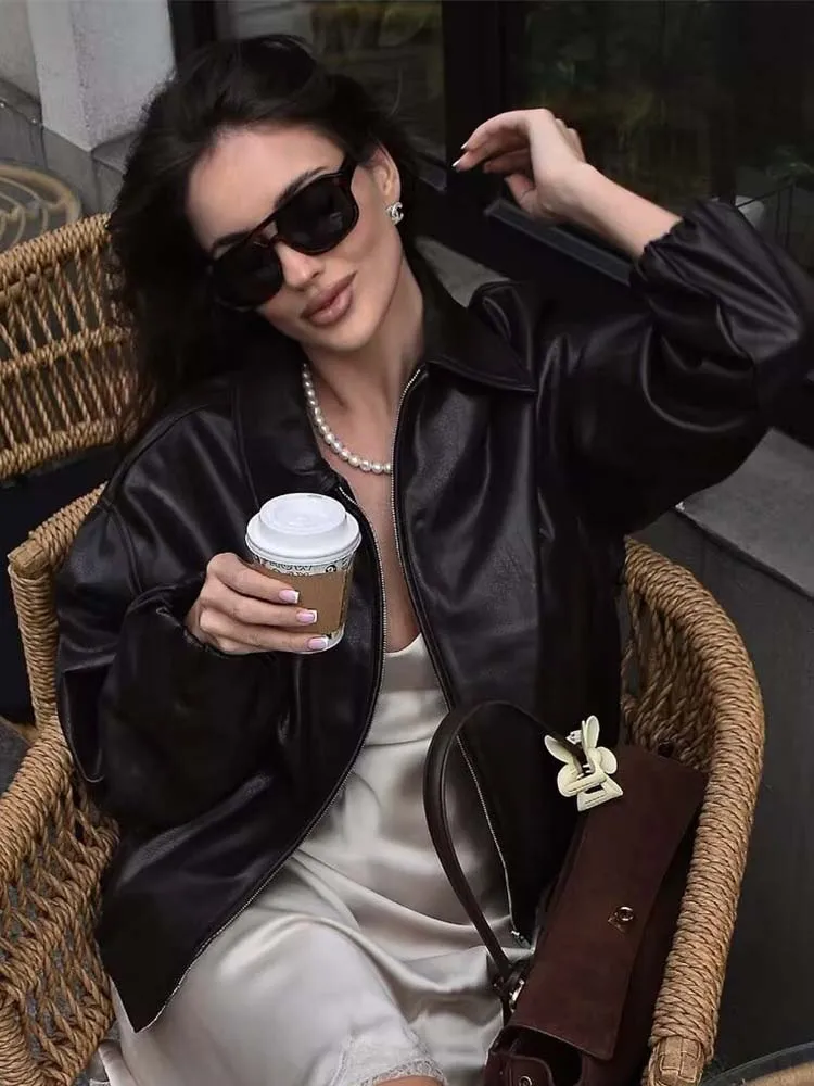 Women Leather Jacket 2025 New Spring Fashion Long Sleeve Zipper Coat  Female High Street OuterwearLong Sleeve New Jackets ﻿