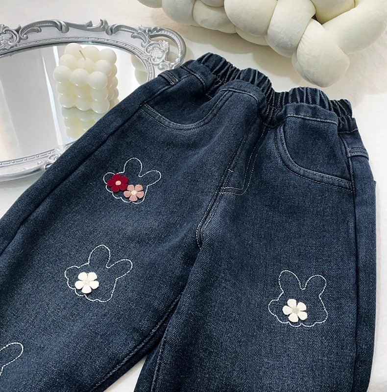 بنطلون جينز مبطن بالصوف للفتيات لفصلي الخريف والشتاء، سروال دافئ مبطن بالصوف للأطفال، بنطلون متعدد الاستخدامات للفتيات الصغيرات