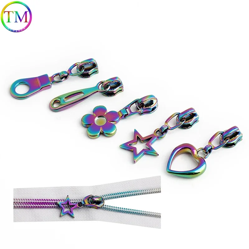 15-200PCS Rainbow Heart, Flower Shape 3# Nylon Zipper Puller Head For Bag Pocket Zips Puller Repair Kit Decorative Accessories