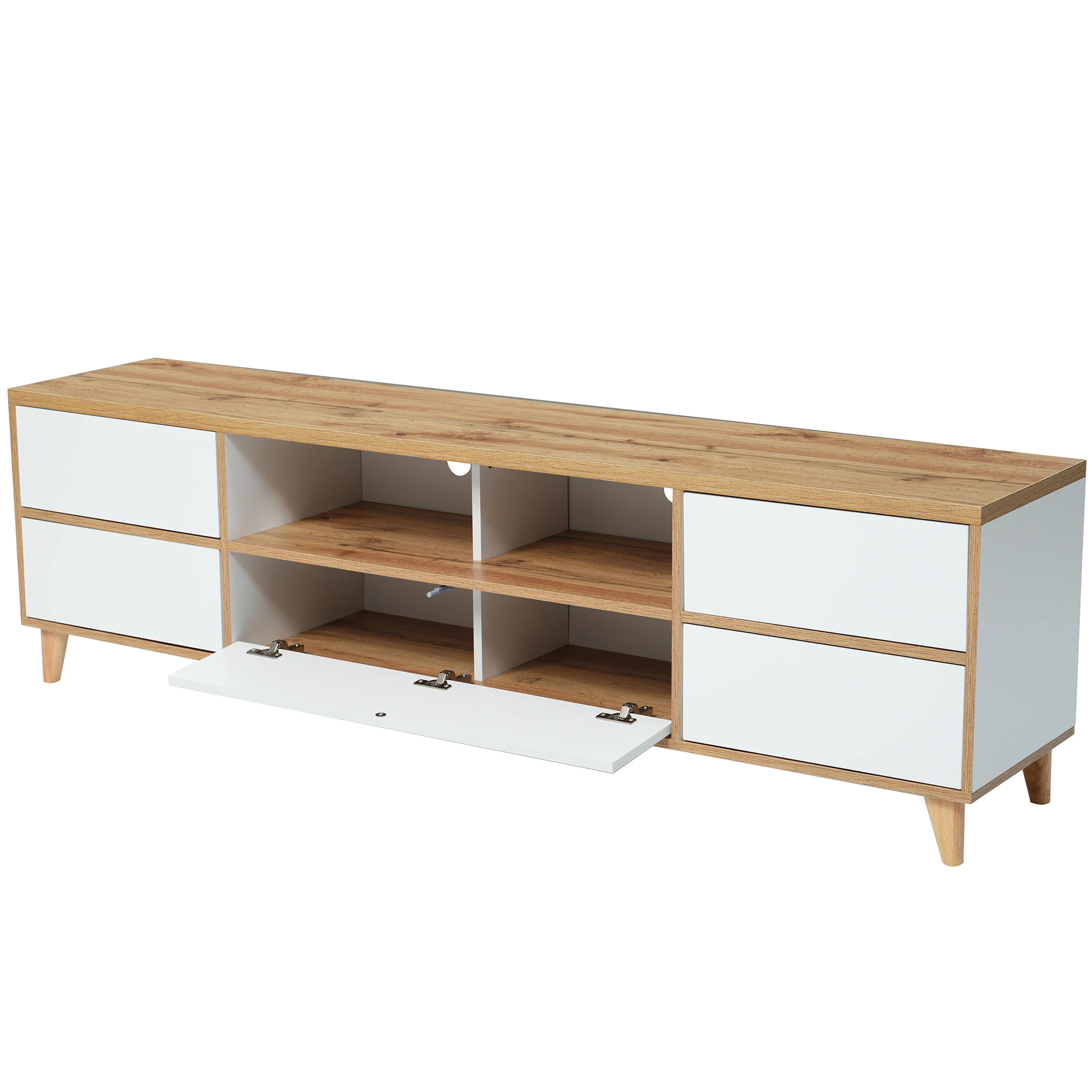 TV-Schrank, Lowboard, Wohnzimmermöbel in Weiß und Holztönen. Regale und Türen im natürlichen Landhausstil. – Detail 15