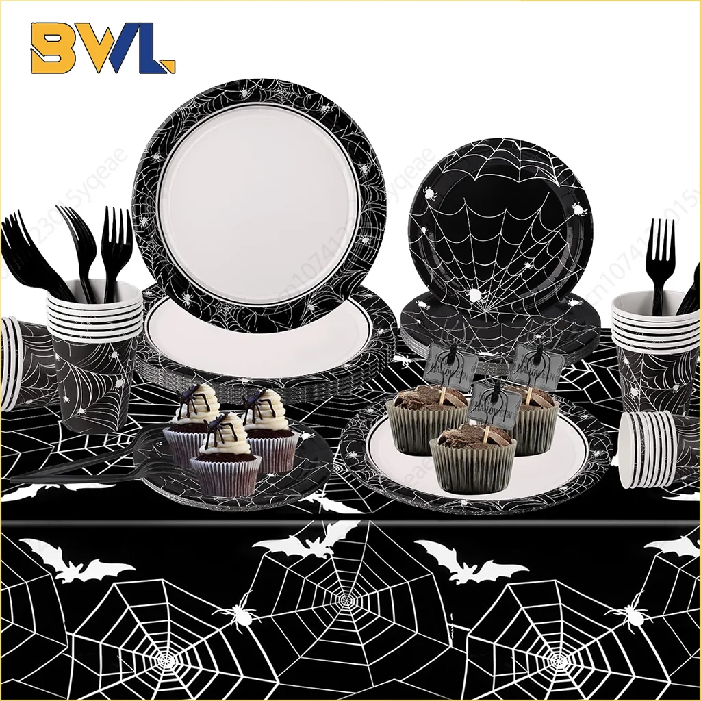 Halloween Party Tableware Set Festive Party Plates Napkins Tablecloth Disposable Tableware 10/12Guests Halloween Decoration
