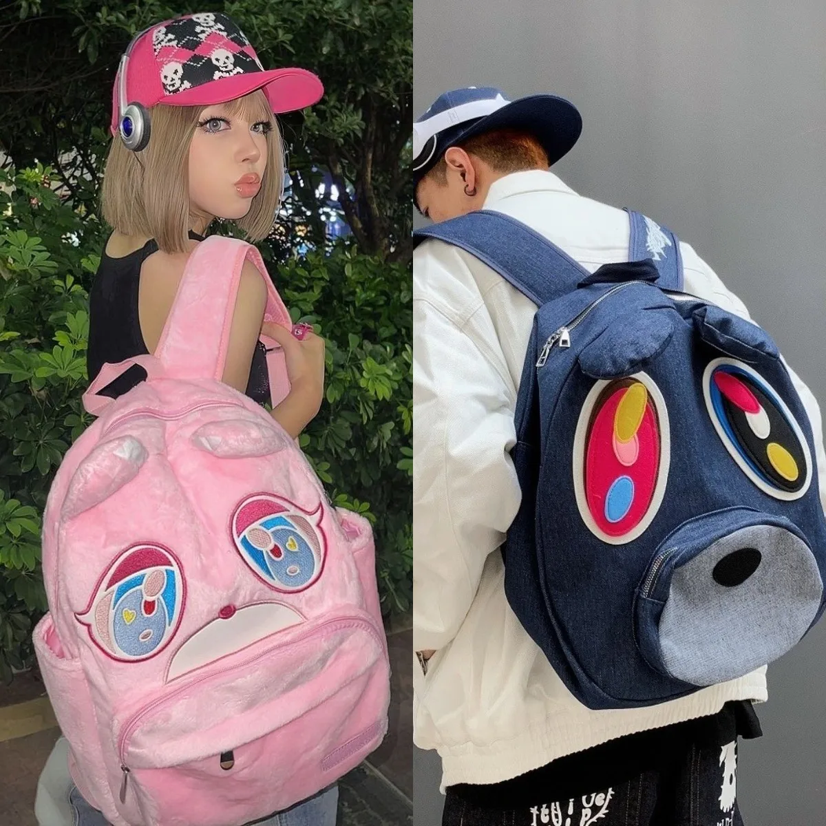 

Y2k Dropouts Bear Backpack Large Capacity Denim Cute Kanyes Boy Girl Schoolbag Plush Fashion Cartoon Backpack Street Storage Bag