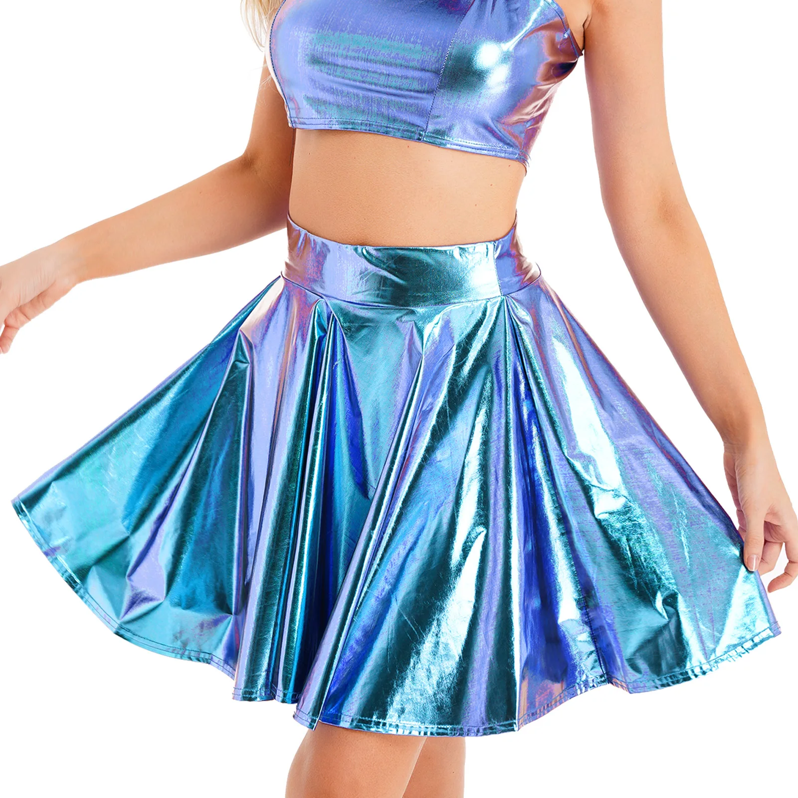 Womens Rave Outfits Metallic Shiny Skirt Sets Camisole Adjustable