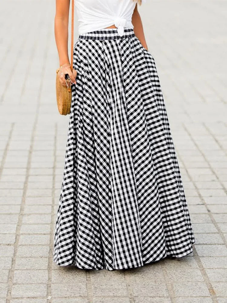 Moda Feminina Assimétrico Saias Zanzea Verão Xadrez Maxi Longas Casual Cintura Elástica Feminino ol Vintage A-line 2022 6 xadrez maxi saias longas casual cintura elástica