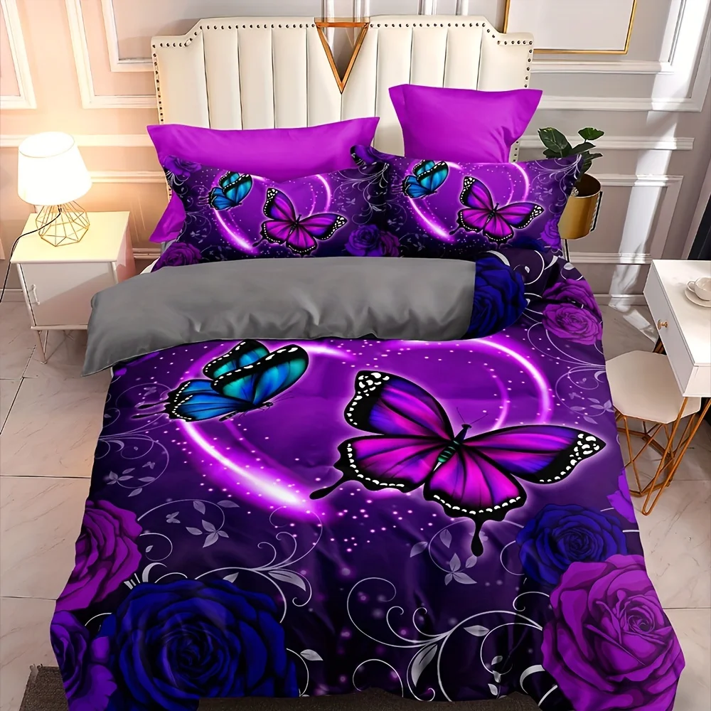 3pcs Enchanting Butterfly & Rose Floral Duvet Cover Set - Breathable Polyester, Zip Closure, All-Season Comfort - Vibrant Blue