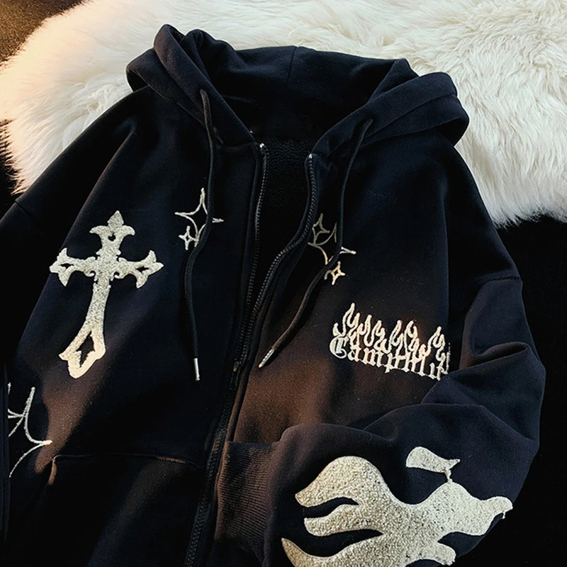 Sudadera con capucha bordada con llama cruzada, abrigo de felpa para pareja, suéter superior suelto, europeo y americano, otoño e invierno, 2023