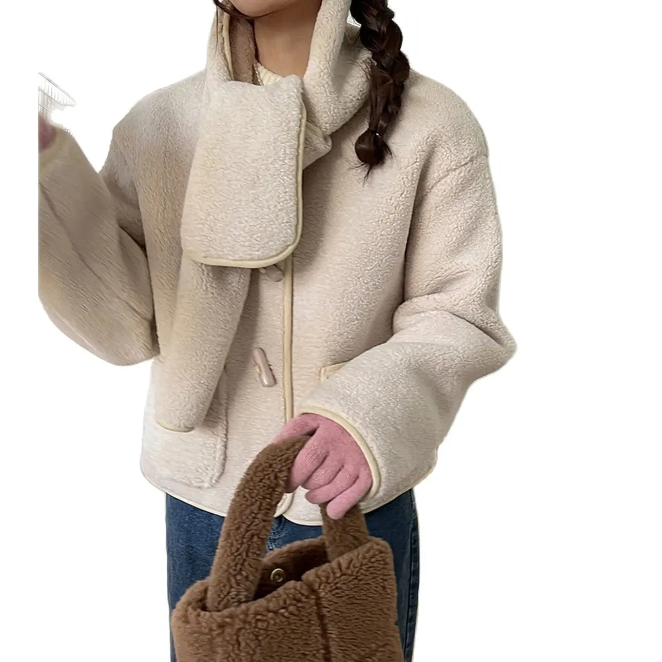 Korean Fashion Sweet Girls Soft Coat Round Neck with Scalf Horn Buttons Pockets Short Cut Berber Fleece Coats for Women