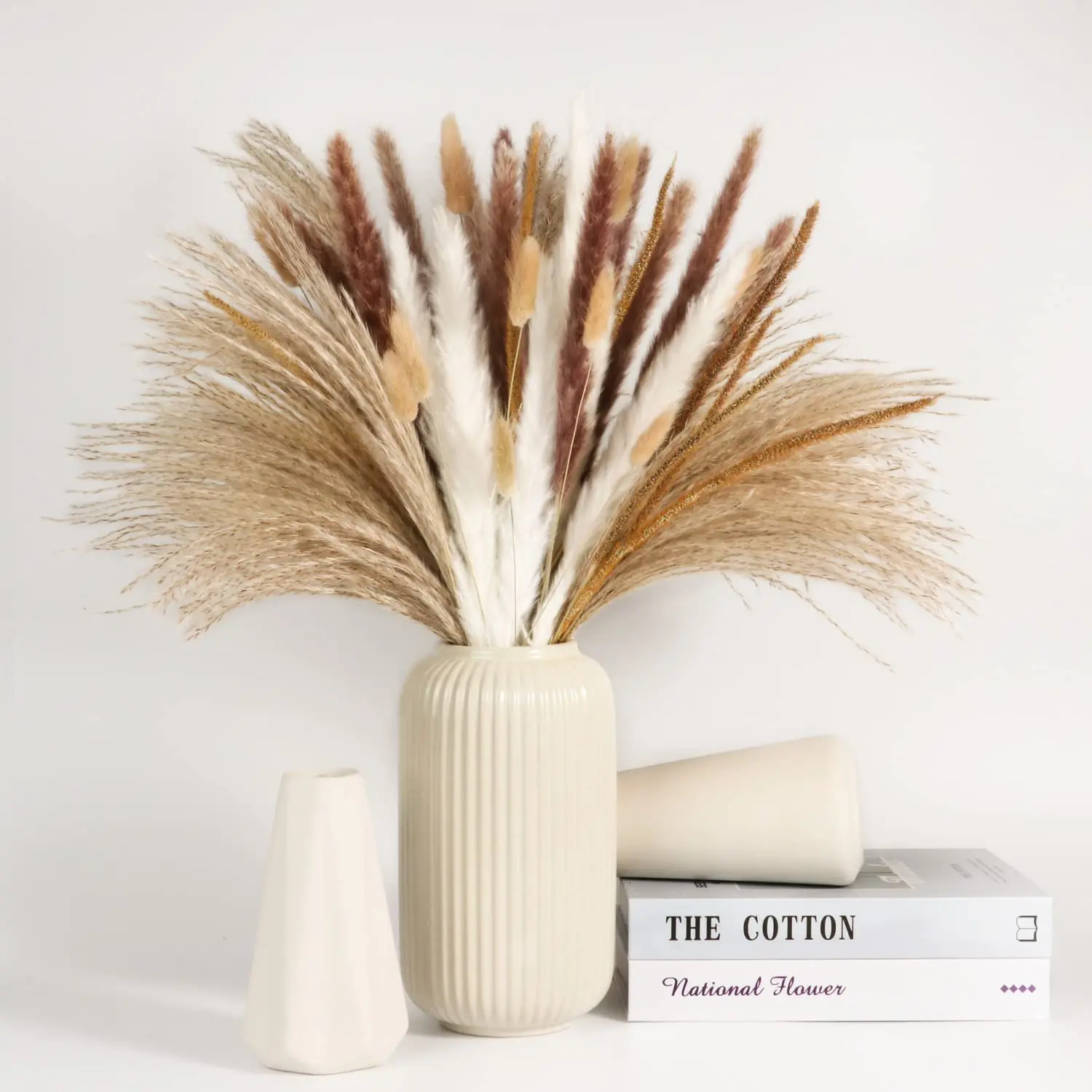 

120Pcs Dried Pampas White & Natural Pampas Grass, Reed, Bunny Tails Boho Wedding Party Home Decor Dried Flowers Arrangements