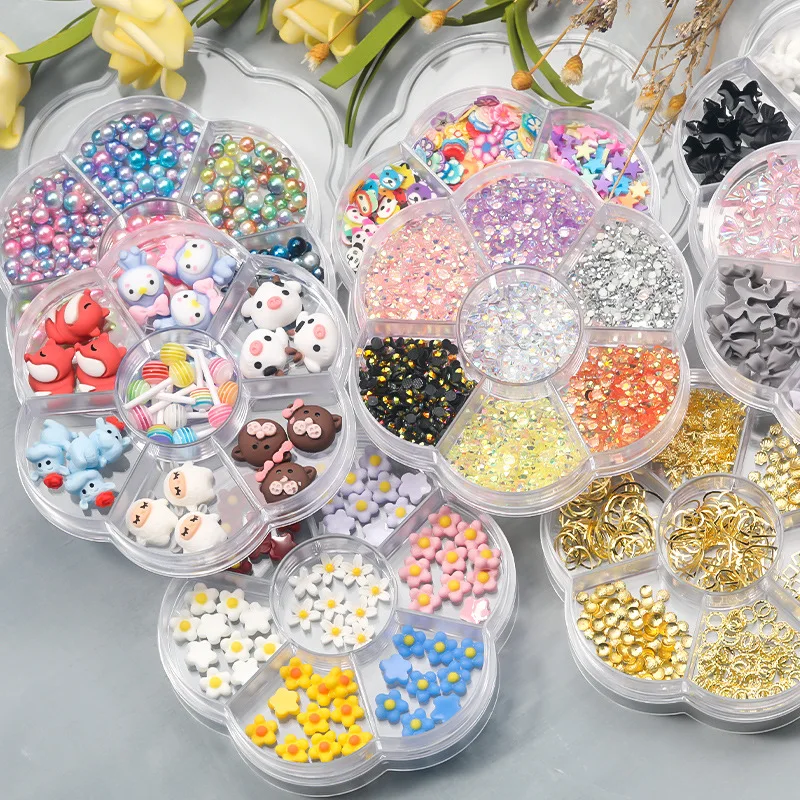

3D Flower Aurora Bear Butterfly Rhinestone Pearl Mixed Set Box Nail Art for Professional Accessories for DIY Manicure Design