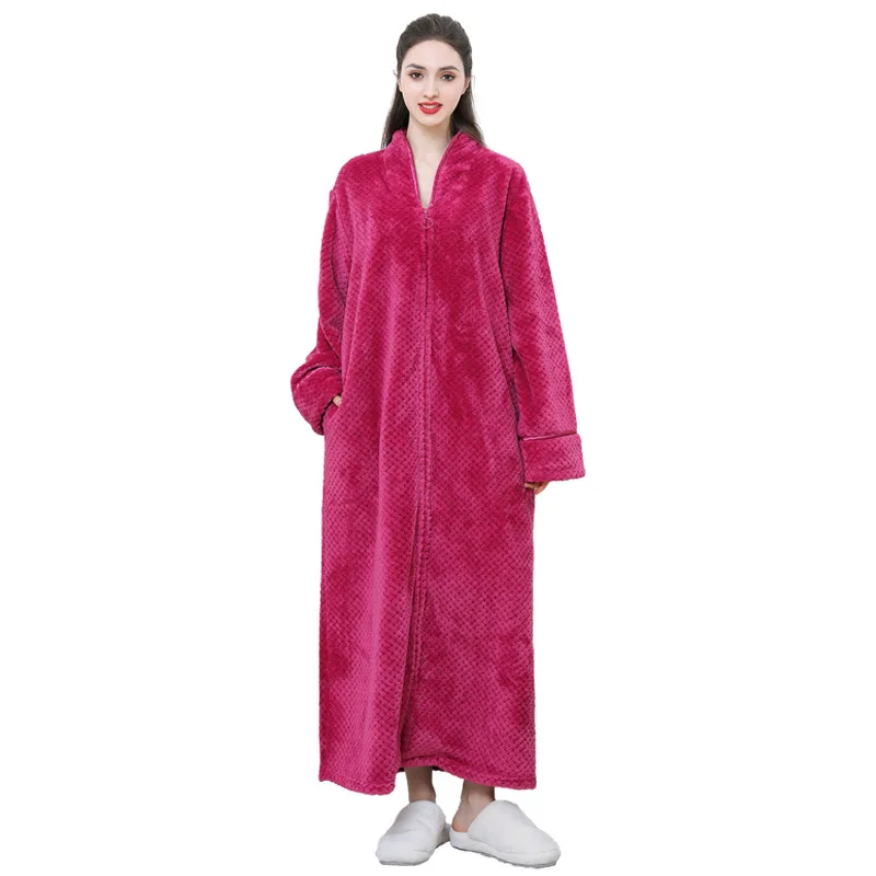 New Thickened Zipper Nightgown Flannel Nightgown Autumn and Winter Sleepwear Solid Color Men's and Women's Bathrobe
