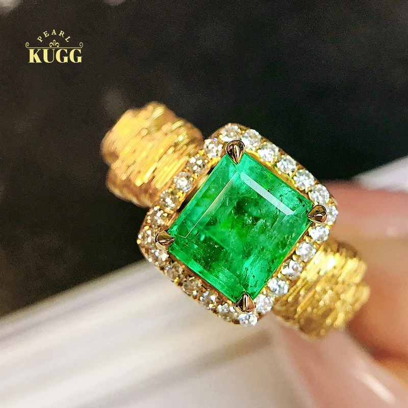 

KUGG 18K Yellow Gold Rings Real Natural Emerald Diamond Jewelry Gemstone Engagement Ring for Women Romantic Style Wedding Party