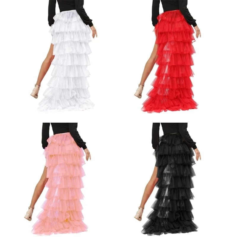 Women Long High Low Ruffles Tulle Skirt Solid Color Mesh Tied-Up Irregular Floor-Length Party Train Overskirt Cover Ups 4
