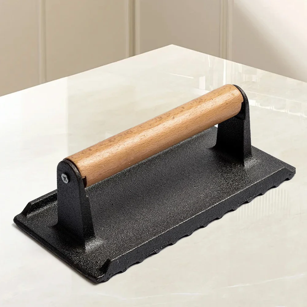 Cast Iron Flat Top Grill Hamburger Grinder with Wooden Handle Kitchen Heavy Flat Steak Weight/Bacon Press Hamburger Patty Maker
