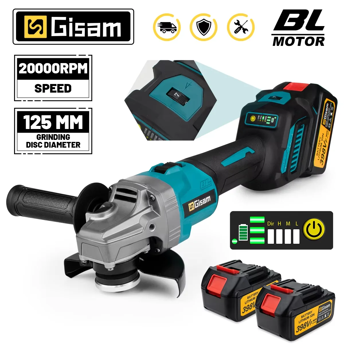 GISAM Esmerilhadeira Angular Brushless 125mm, máquina elétrica de polimento e corte 7 velocidades, ferramenta compatível com pinos de bateria Makita 18V