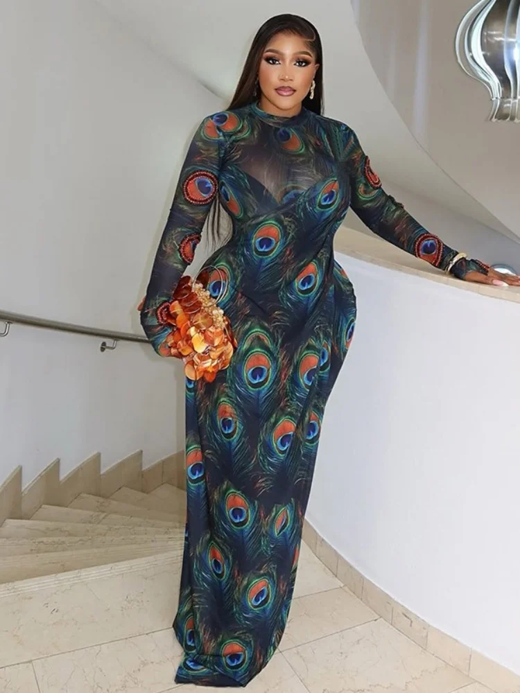 Wmstar Dress Women Wholesale Personalized Elegant with Printed Slightly Transparent High Neck Long Sleeved Slim Fit Trendy