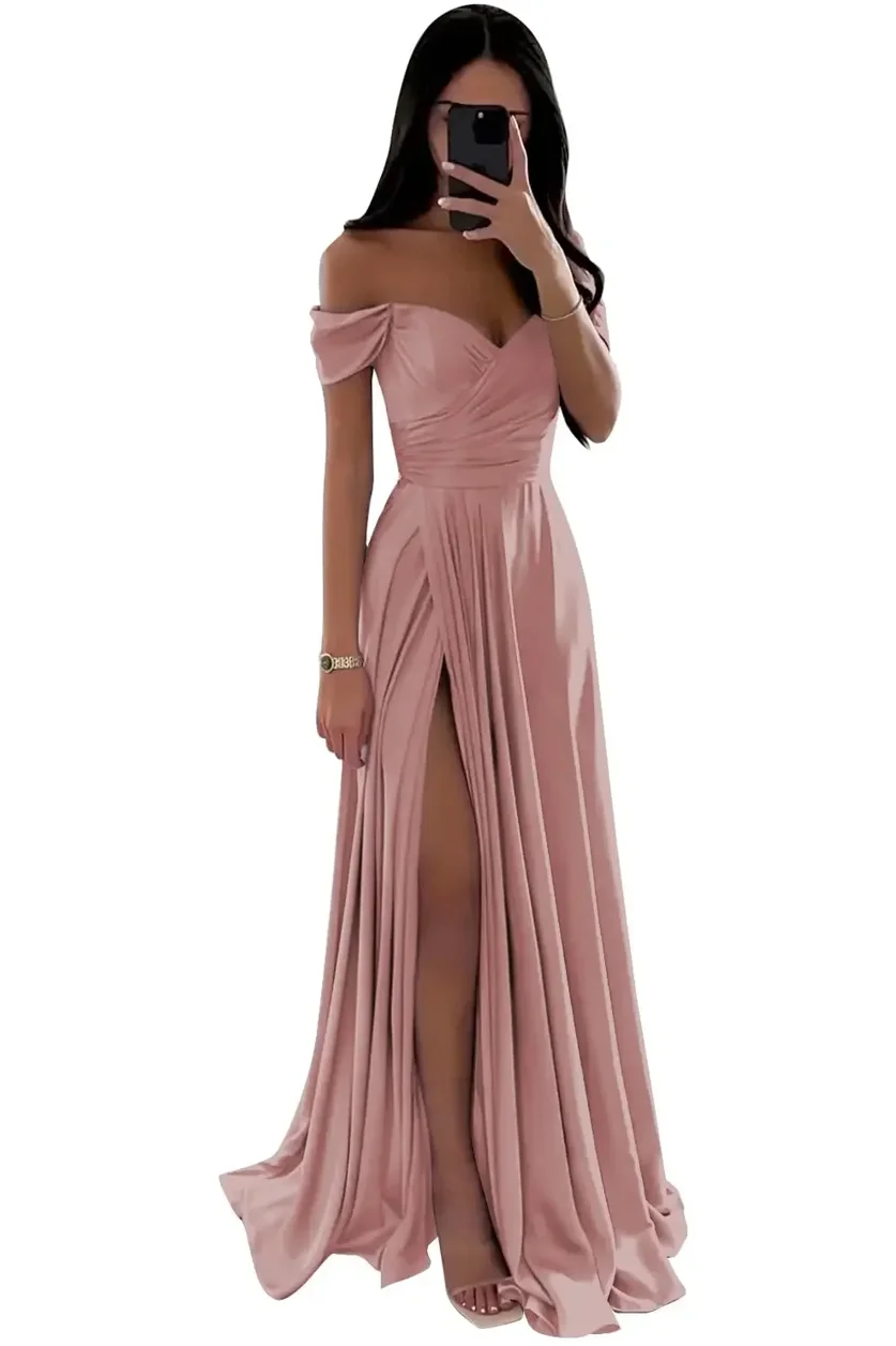 Baby Powder Women's Off The Shoulder Bridesmaid Dresses Wedding With Slit Long Pleated Satin Prom Dress A-Line Evening Gowns