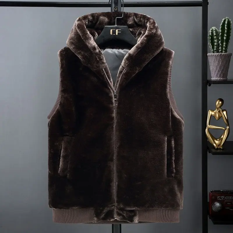 Autumn Winter Fur Coat Men Faux Fur Vest Sleeveless Jacket Zipper Hooded Warm Luxury Brand Waistcoat Faux Mink Cardigan New