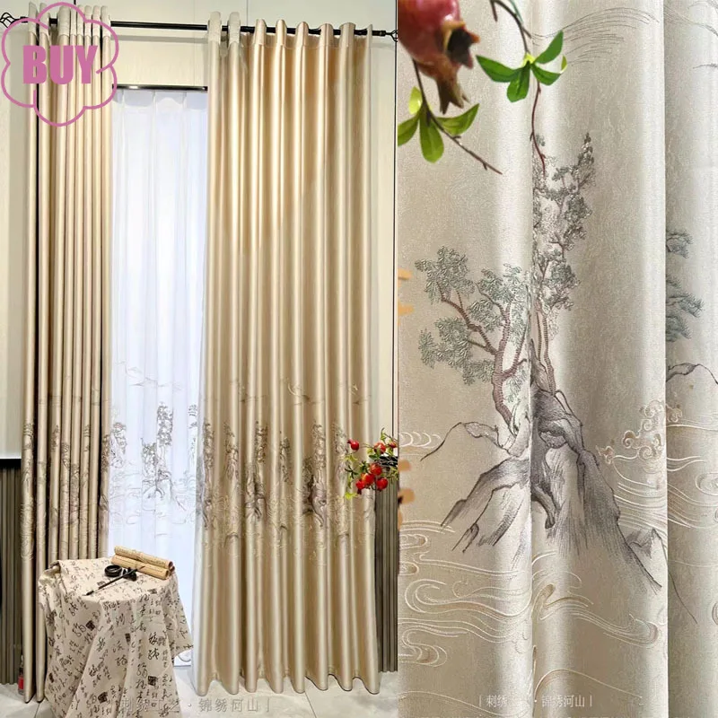 

New Chinese Zen Welcome Pine Embroidered Window Screen Cream Color Curtains for Living Room Bedroom Study French Window