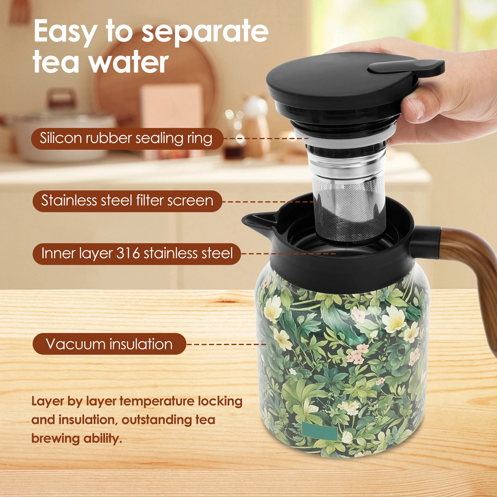 Elegant Floral Stainless Steel Insulated Tea Kettle with Handle and Built-in Infuser, 1L Capacity