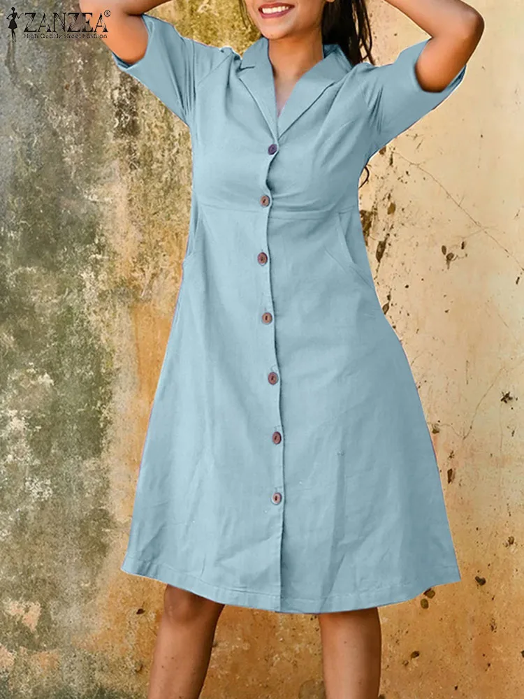 

ZANZEA Women Single Breasted Dresses Office Short Sleeve Dress 2023 Summer Suit Collar Vestidos Casual Pocket Knee-length Robe