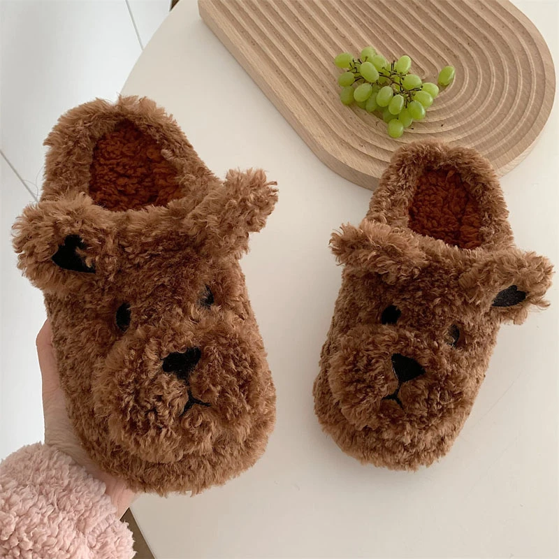 New Cute Cartoon Dog Slippers Women Winter Warm Closed Toe Soft Furry Plush Slippers Fluffy Fur Flat Slides Kawaii Animals Shoes