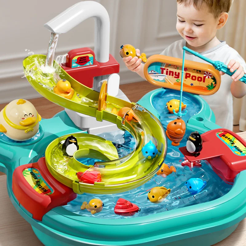 Kitchen Toys Pretend Kitchen Sink Toys Play Sink Running Water Toy Kid Dishwashing Basin Interactive Fishing Set Role Play Game Kitchen Cleaning Food Gift
