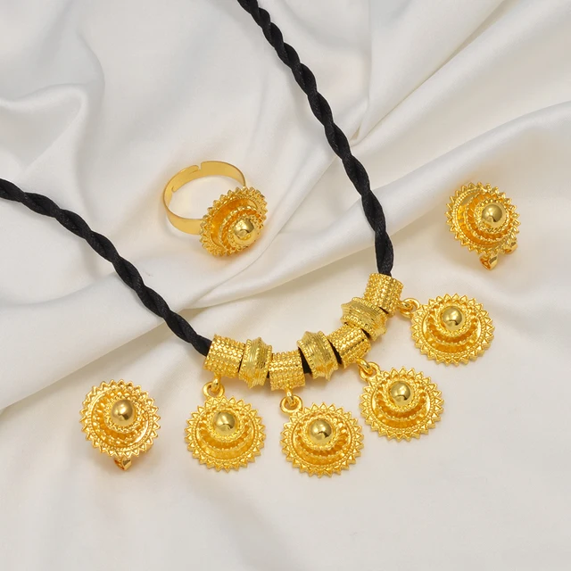 Anniyo New Ethiopian Jewelry Sets Black Rope Earrings Rings African Ethnic Eritrean Habesha Engaged Accessories #195716 2