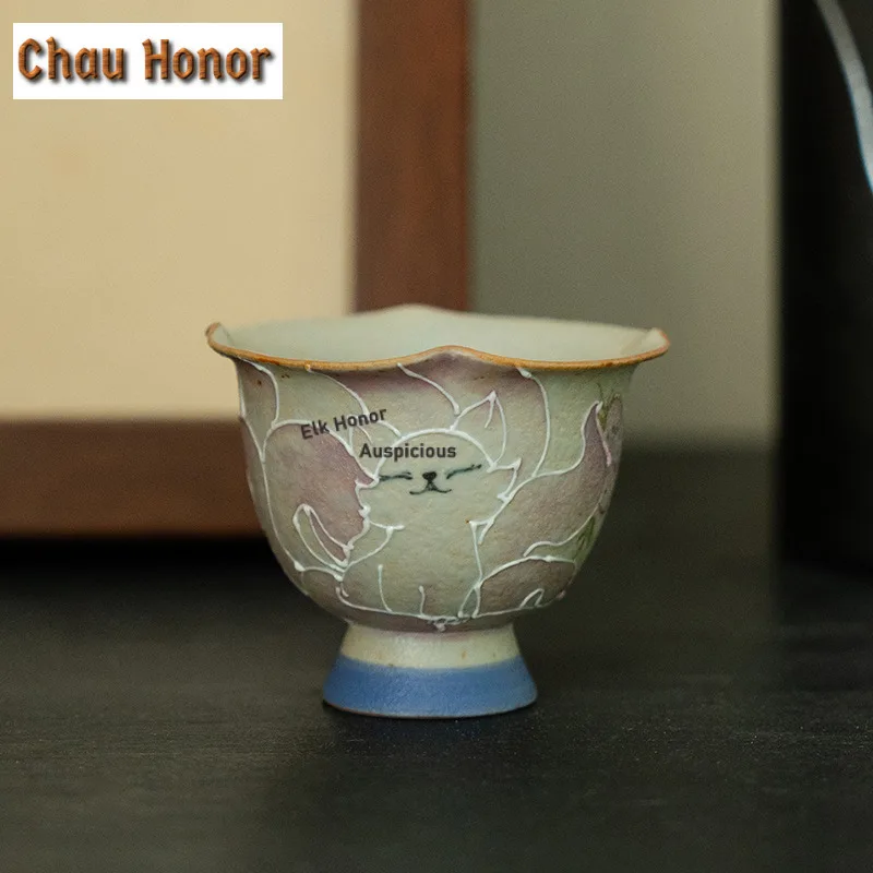 1pc 55ml Hand-drawn Nine-tailed Fairy Fox Teacup Retro Tea Bowl Tea Pair Tea-tasting Smelling Cup Jianzhan Master Cups Tea Items