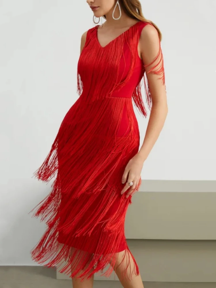 

Красные платья с бахромой, женское платье без рукавов с V-образным вырезом и высокой талией, вечерние платья с бахромой для танцев и дня рождения, сексуальное Клубное Новое свободное платье