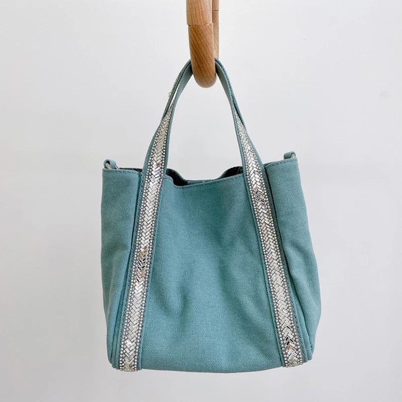 

Hand-held Canvas Purses and Handbags Luxury Designer Women's Rhinestone Basket Tote Contrast Color Large Capacity Shopping Bags
