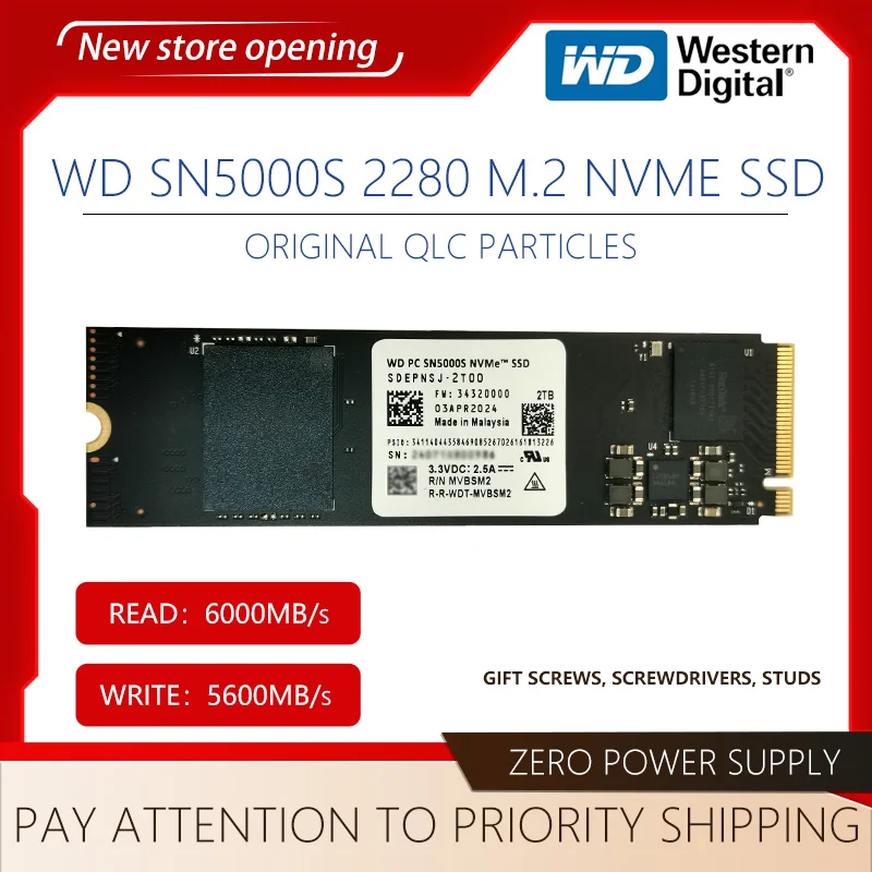 Western Digital WD SN5000s M.2 NVMe 2280 SSD 2TB Solid State Drive PCIe4.0 Gen4 for Ultrabook、PC