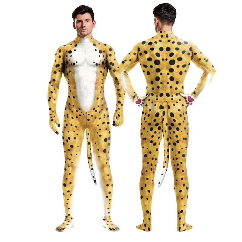 CosplaySexyZebraLeopardPatternPrintBodysuitsMenLongSleeveCostumesPurimCarnivalGay