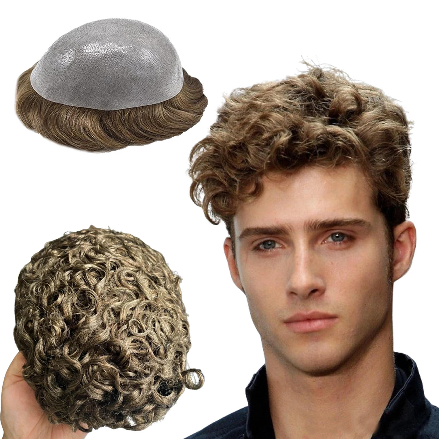 

N.L.W 0.04mm Thin PU toupee for men Light Brown hair toupee 10mm Afro Curl men hairpiece replacement size10*8