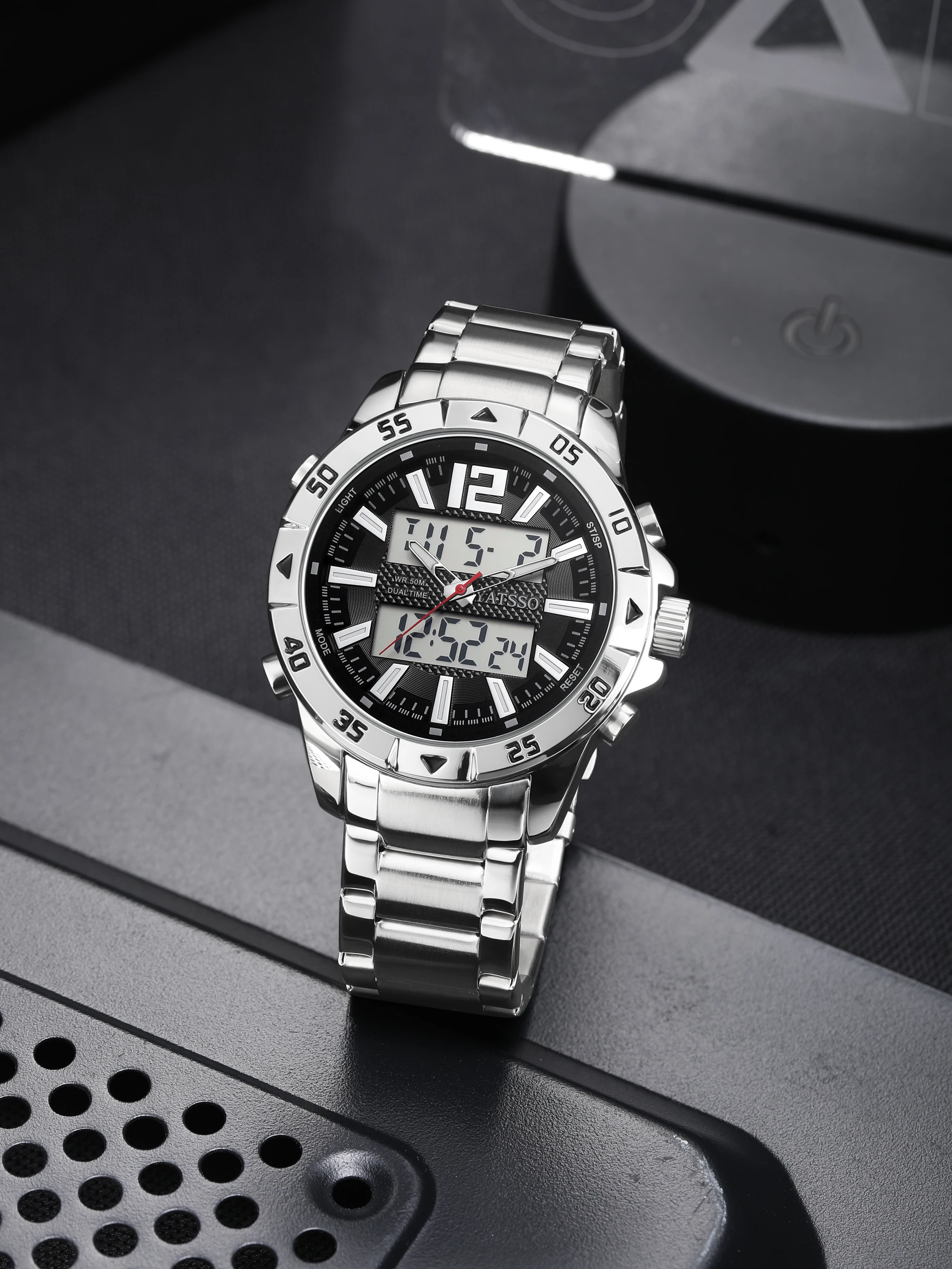 Men's Dual Time Hybrid Sport Watch - Stainless Steel, 50M Waterproof, Multifunctional Quartz Design