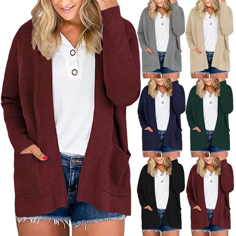 

2023 Autumn and Winter Women's Sweater Casual Cardigan Solid Color Pit Strip Pocket Knitted Sweater Sweater Coat Women
