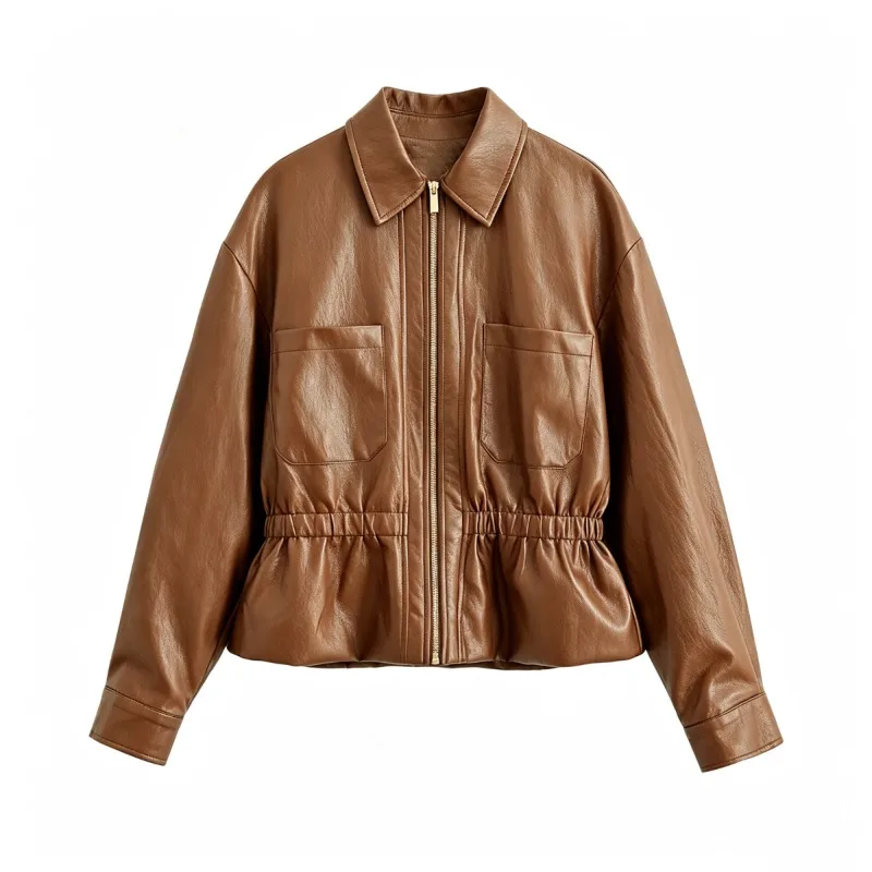 Guobioziy New Women's Classic Commuter Style Versatile High End Two Tone PU Leather Short Jacket Zipper Closure Polyester Fiber