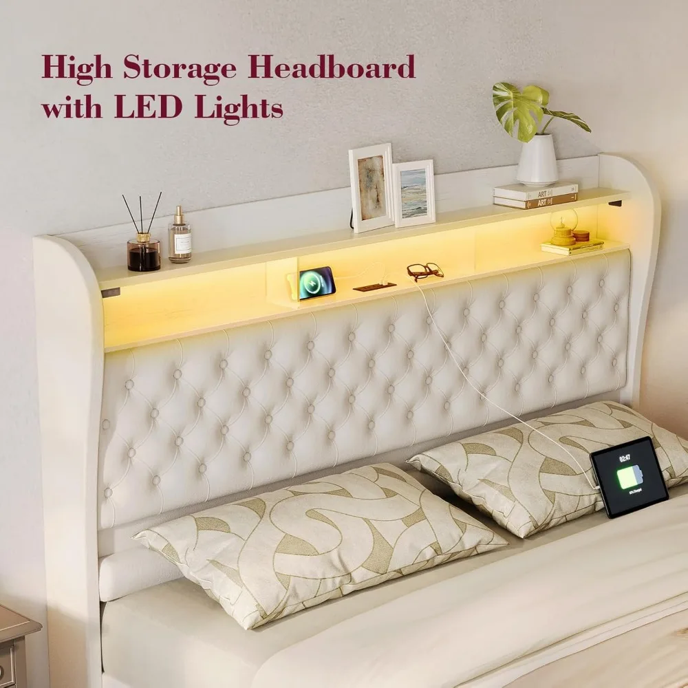 King Size Bed Frame with Storage,Velvet Upholstered Bed with Charging Station and LED Light,Deep ButtonTufted Wingback Headboard 4