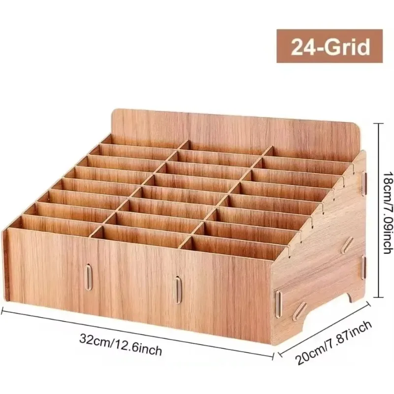 Per forniture per ufficio e scuola Scatola portaoggetti per cellulare in legno a 24 griglie, scatola portaoggetti per la gestione dei telefoni cellulari Organizzatore da tavolo - immagine 3