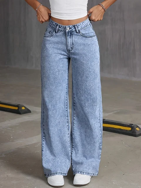 Pantalones de pierna ancha de moda bordados con lazo y bolsillo trasero para mujer Pantalones vaqueros lavados versátiles 3
