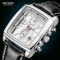 Megir cadran rectangulaire bracelet en cuir Montre pour hommes décontracté bleu chronographe montres à Quartz homme Montre-bracelet Montre Reloj Часы М � 1