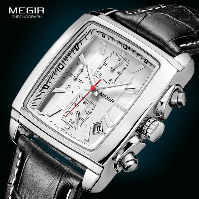 Megir cadran rectangulaire bracelet en cuir Montre pour hommes décontracté bleu chronographe montres à Quartz homme Montre-bracelet Montre Reloj Часы М � 1