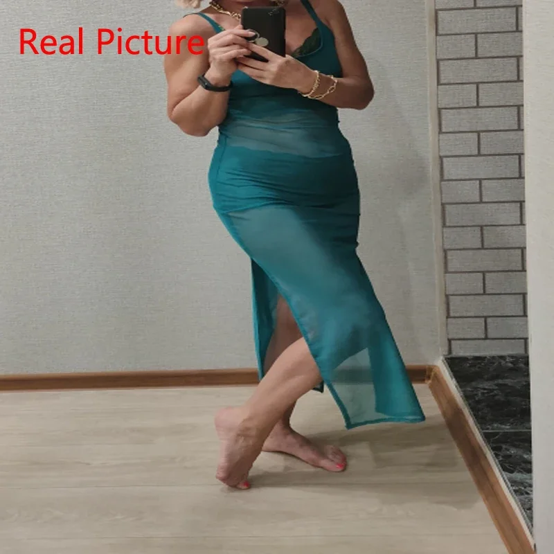 See Through Mesh Long Beach Dress Women Sexy Strap High Split Dress Club Party Summer Backless Vestidos Y2K Cover up