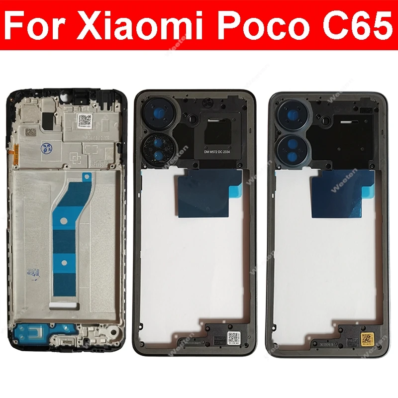 Carcaça intermediária lcd para xiaomi poco c65 com capa traseira nfc, chassi frontal com botões de volume, peças de reparo