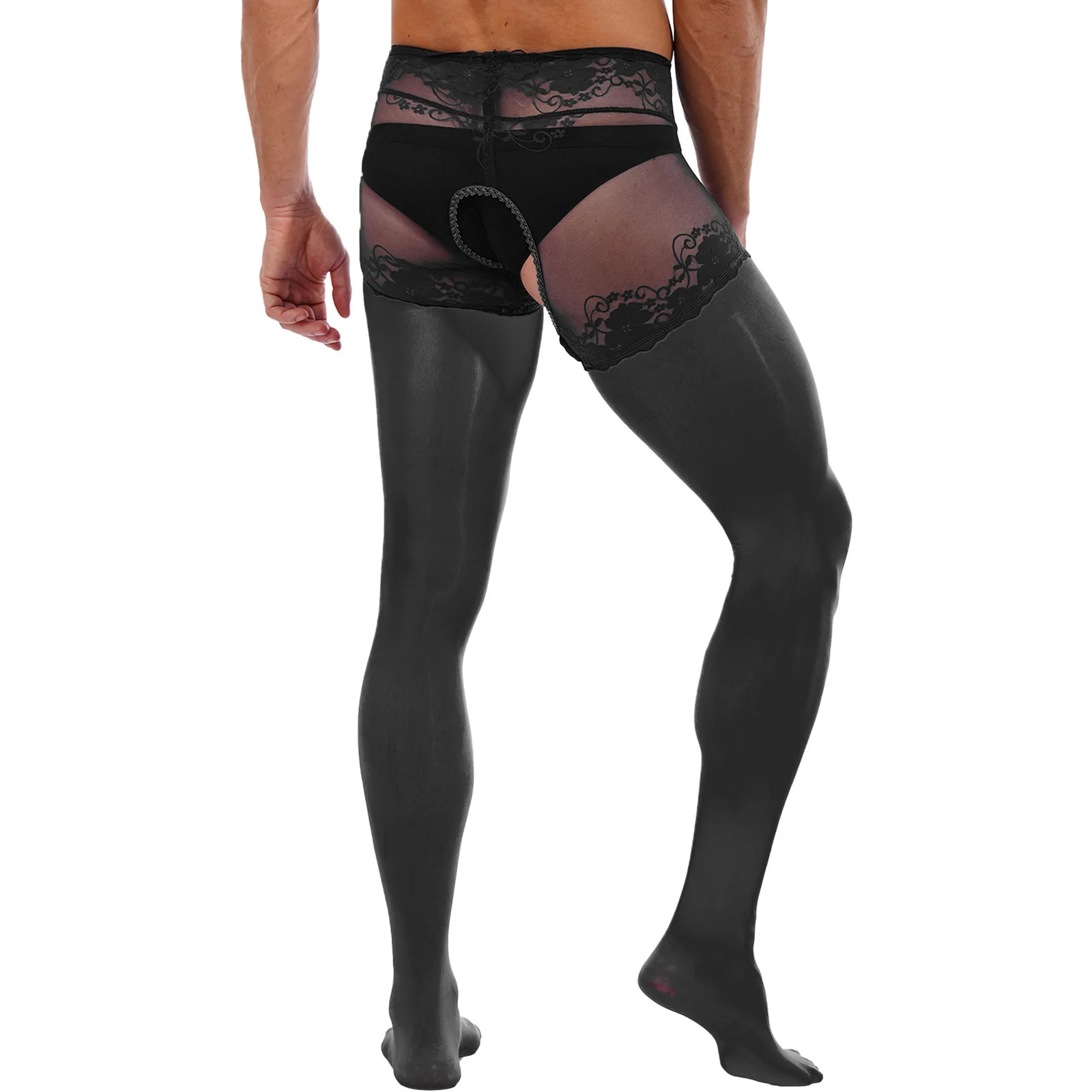 Mens Open Crotch Pantyhose See-Through Floral Lace Stockings Leggings Lingerie Nightwear Exotic Socks Underwear Honeymoon Gift