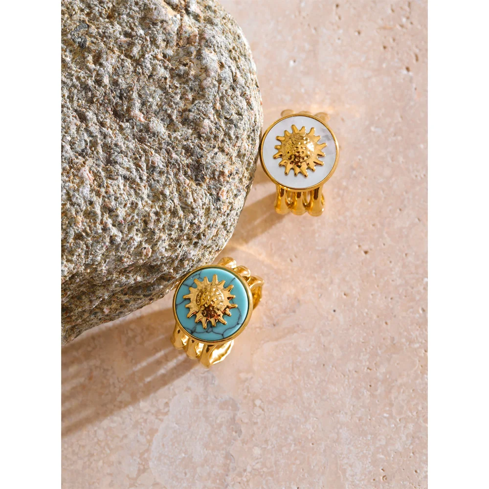 Yhpup Womens Blue Turquoise Shell Sun Ring