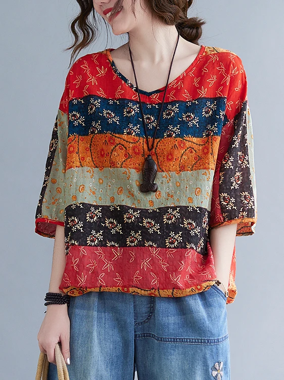 Casual Cotton Linen f Sve T-irt round Ne Loose Fit plus Size Women's Vintage Top Meat Concealing Slimming