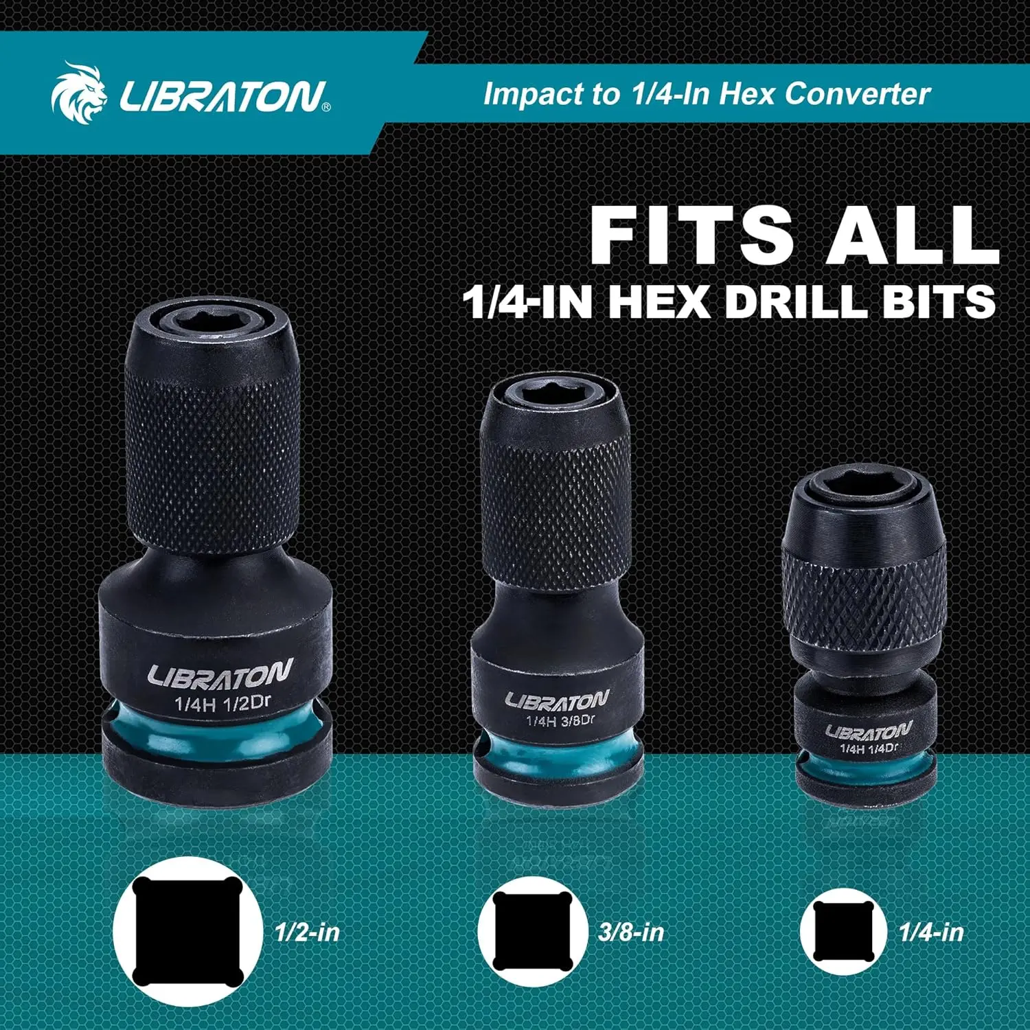 LIBRATON Impact to 1/4 Hex Converter 1/2 3/8 1/4“ Drive Female to 1/4" Hex Adapter Impact Wrench Adapters for Impact Bit Holders 2