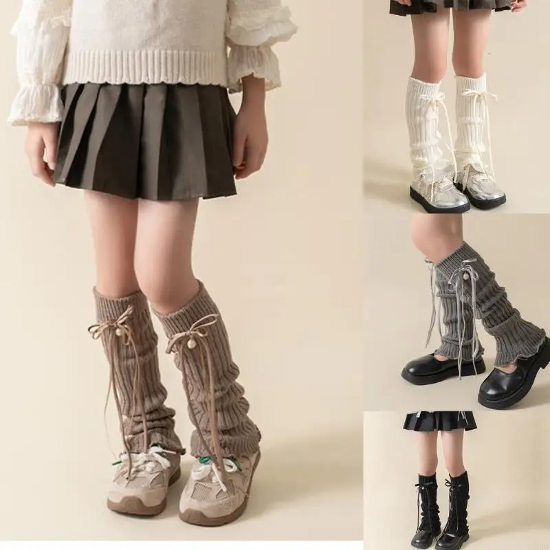 J6BE Knitted Warm Foot Cover Breathable Leg Warmer with Bells and Ribbons Decorations