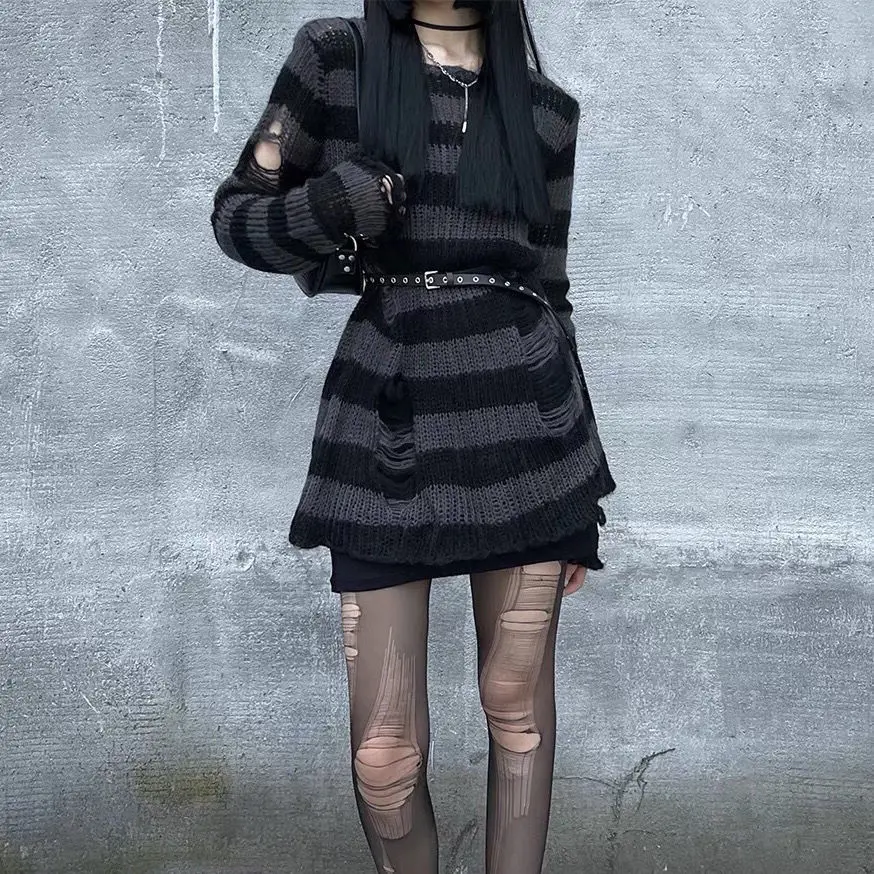 

HOUZHOU Gothic Punk Striped Sweater Women Mall Goth Harajuku Hollow Out Oversized Knitted Sweater Grunge Streetwear Alt Clothes